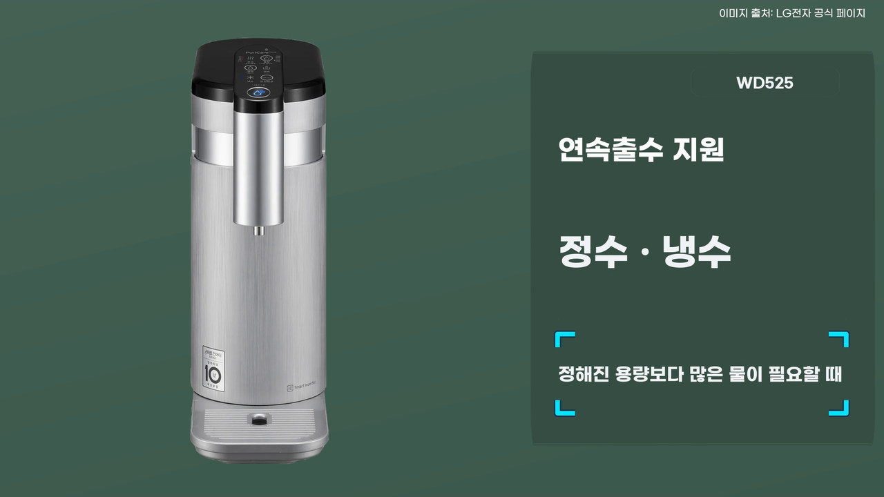 WD525의 정수, 냉수 연속출수 지원을 표시한 제품 사진