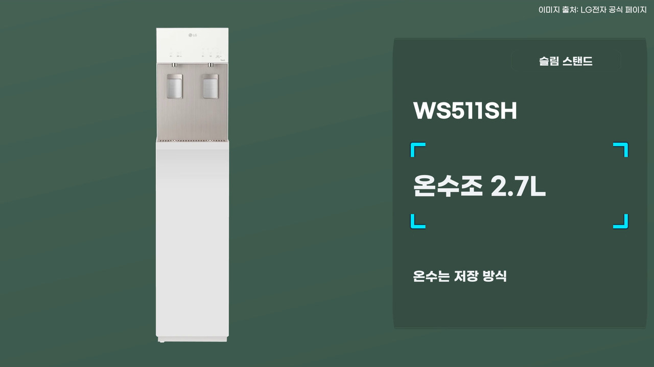 WS511SH의 온수조 2.7L와 온수 저장 방식을 설명하는 제품 사진