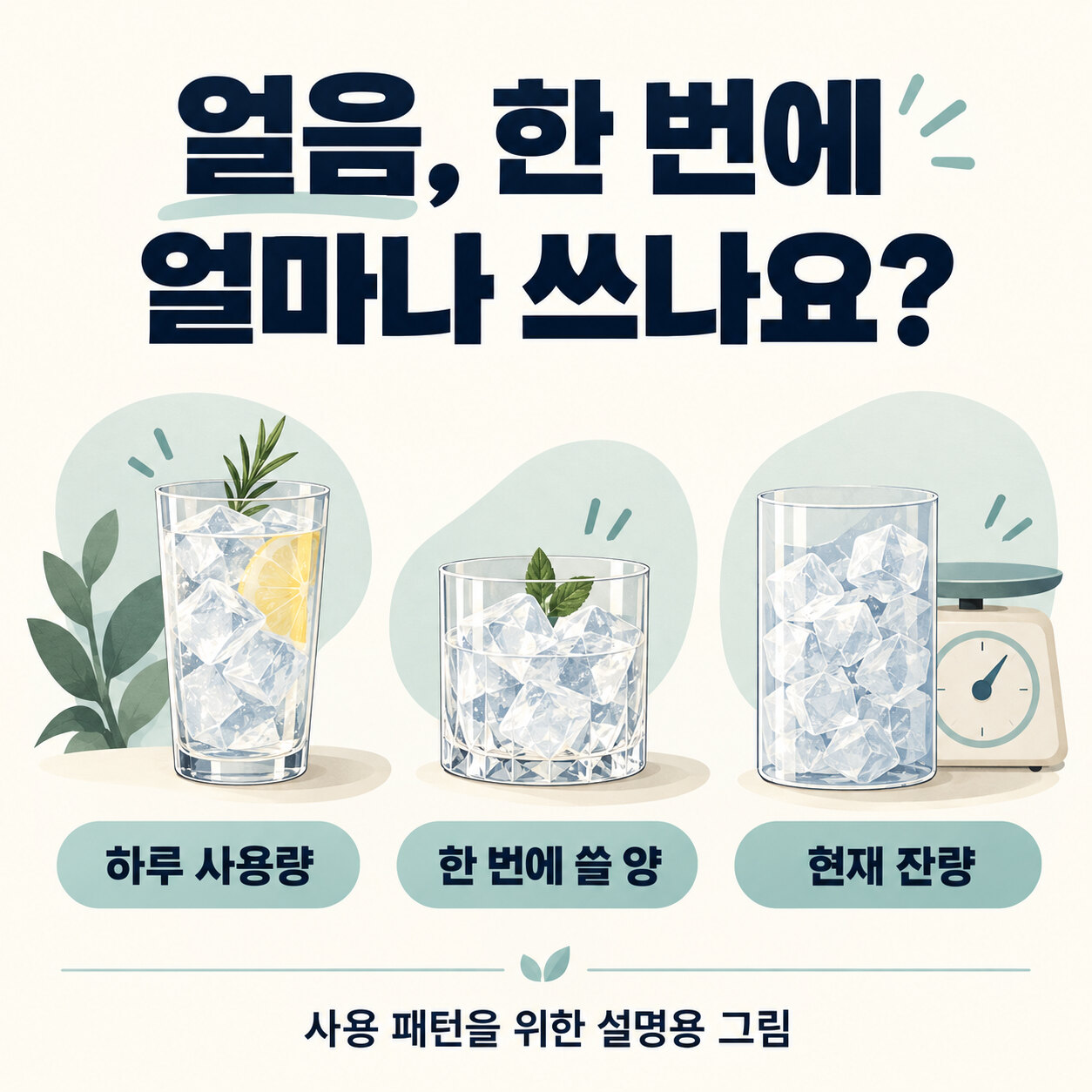 얼음 음료를 준비할 때 하루 사용량과 한 번에 쓰는 양, 현재 잔량을 나누어 보는 설명 그림
