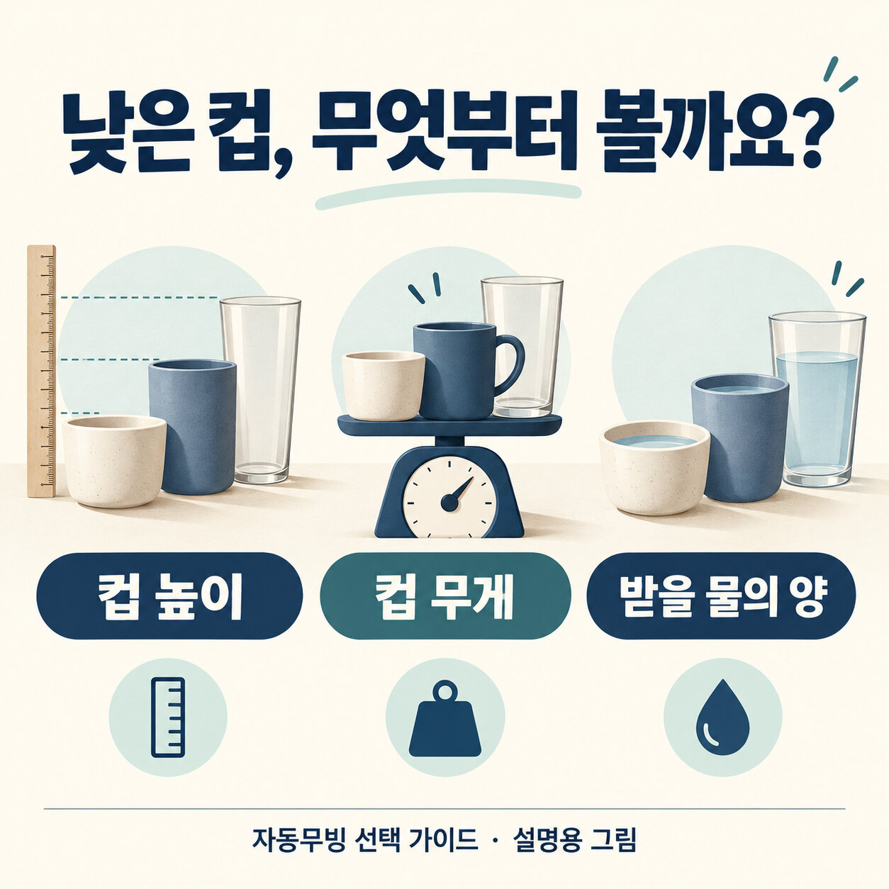 컵 높이와 무게, 받을 물의 양을 함께 확인하는 설명 그림