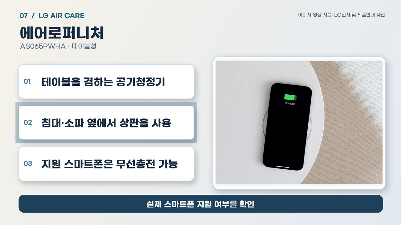 에어로퍼니처 상판의 지원 스마트폰 무선충전과 테이블 기능을 설명하는 기존 롱폼 화면