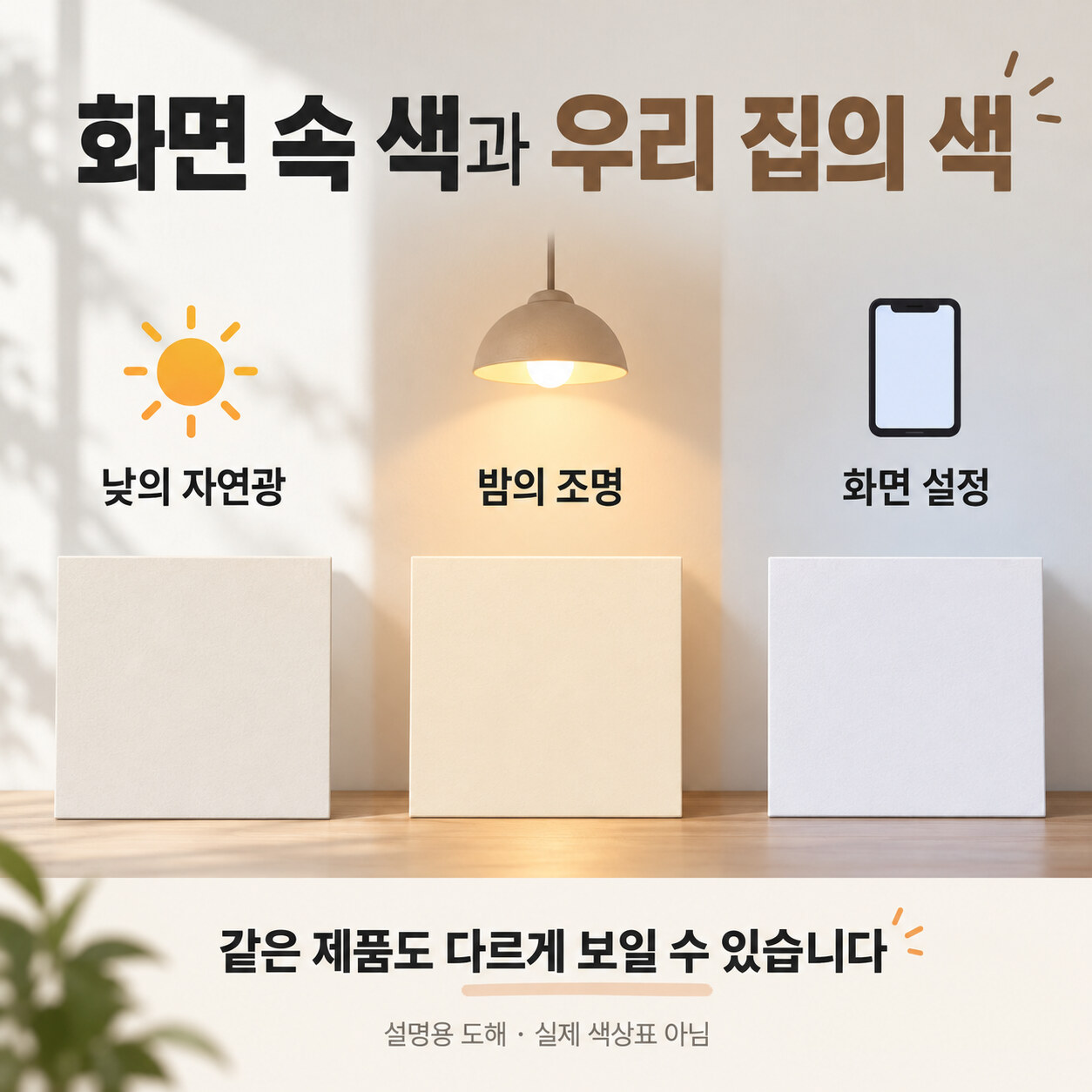 자연광·실내 조명·화면 설정에 따른 색감 차이를 설명한 색 면