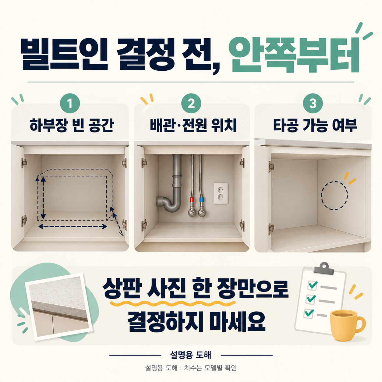 하부장 빈 공간·배관과 전원·타공 가능 여부를 확인하는 항목 도해