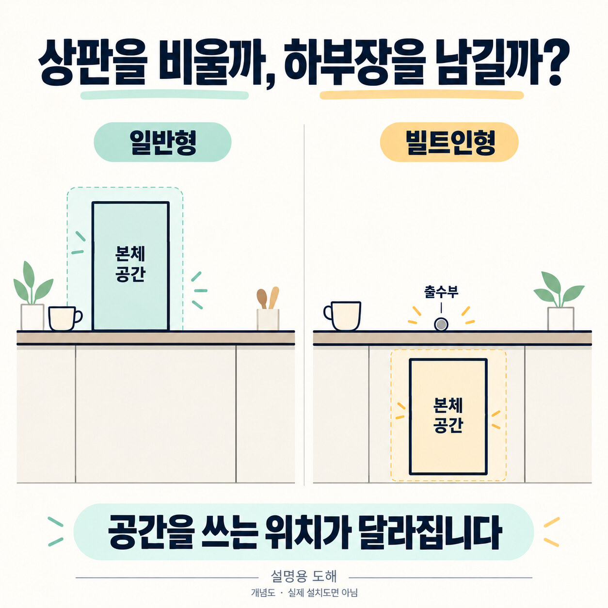 일반형은 상판 위, 빌트인형은 하부장에 본체 공간을 두는 추상 배치도