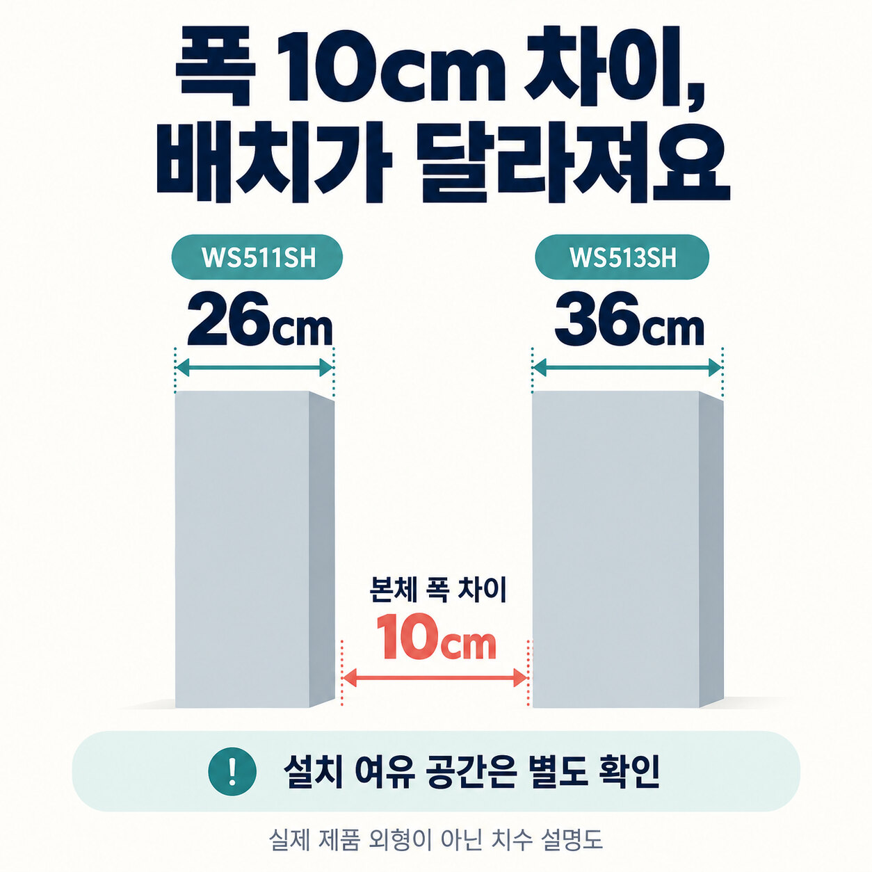 WS511SH 본체 폭26cm와 WS513SH36cm의 차이10cm를 비교하는 치수 설명도