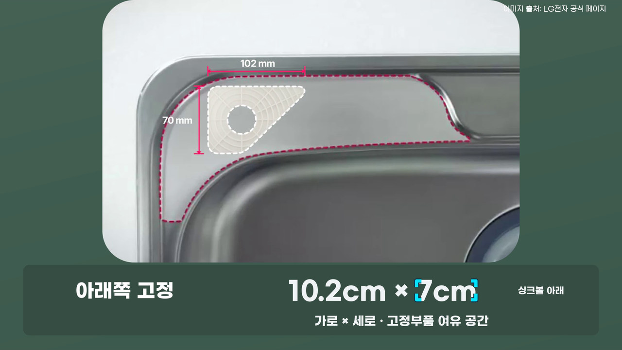 싱크볼 하판의 출수구 고정부품 자리 가로 102mm, 세로 70mm를 표시한 공식 설치 그림